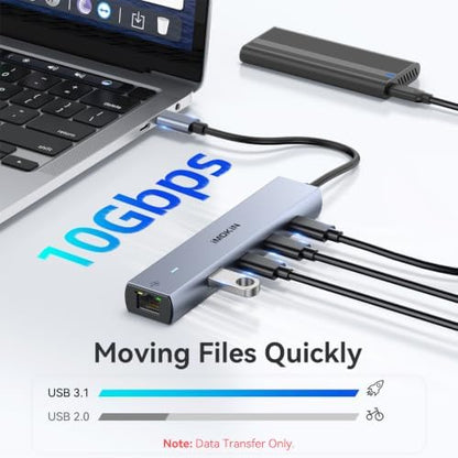 MOKiN 10Gbps USB C Hub Ethernet, 7 in 1 USB C Adapter for MacBook Pro/Air with 4K@60HZ HDMI, 3*USB-C 10Gbps Data, RJ45, USB 2.0, 100W PD, USB C Dongle for MacBook Pro/Air/Dell/HP/Thinkpad/Lenovo.