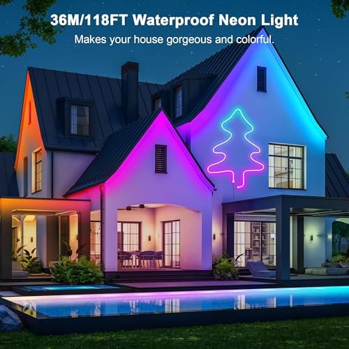Cozylady RGB Neon Light LED Rope Light,Waterproof Bluetooth APP Remote Control Music Sync Strip Light,24V Flexible DIY Silicone Light for Bedroom Home Indoor Outdoor Decoration(36m/120ft)