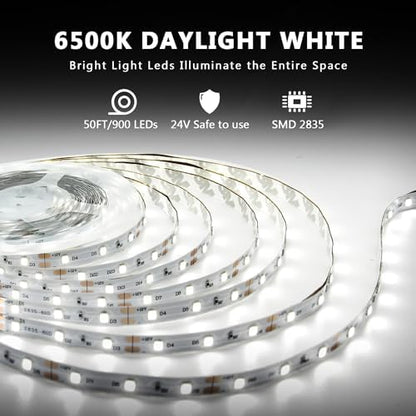 dalattin White LED Strip Lights 50ft Dimmable Bright 24V Led Light Strip 6500K Daylight White 900 LEDs Lights for Bedroom, Mirror, Kitchen, Strong Adhesive（2 Rolls of 25ft）