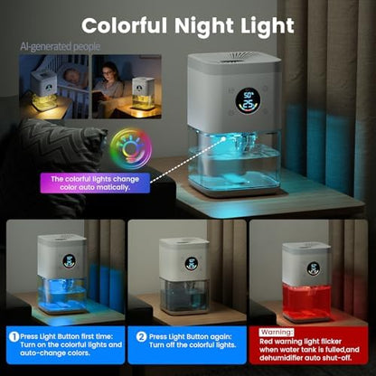 Small Dehumidifier for Bedroom – 63oz 35dB Quiet Auto Dehumidify (60/70%) & Continuous Mode for Bathroom Closet RV, Auto Defrost & Auto Shut-Off, 7-Color Flowing Night Light & Timer, Portable – White