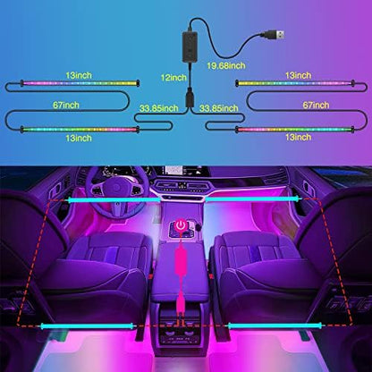 Nilight 4PCS USB Car Interior Lights Dream Color App and Remote Control | 72LED 5V DC RGB-IC Music Car Neon Accent Light Strips Under Dash Lighting Kit with Sound Active Function