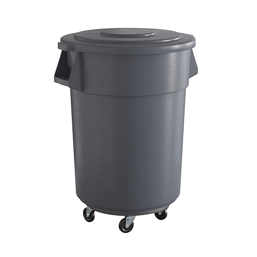 55 Gallon Gray Round Commercial Trash Can with Lid and Dolly, Heavy-Duty Food Grade NSF Certified, Perfect for Restaurant, Office, School, Garage, Backyard, Workshop, Warehouse