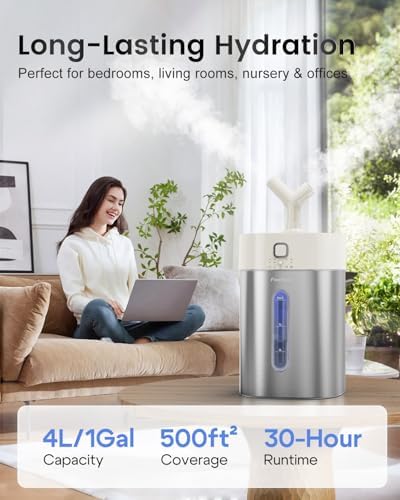 Feekaa Stainless Steel Humidifier, 4L/1Gal Cool Mist Humidifiers for Bedroom up to 500 sq ft, Easy Clean Dishwasher Safe Humidifiers for Baby, Humidifier Large Room Nursery Living Room Office, White