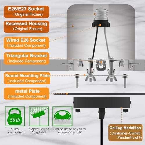 5 and 6 inch Recessed Can Light Conversion Kit, Ceiling Light Fixture Upgrade, Pendant & Hanging, 7¾ Inch Flat Steel Ceiling Medallion, Black Finish 2 Packs