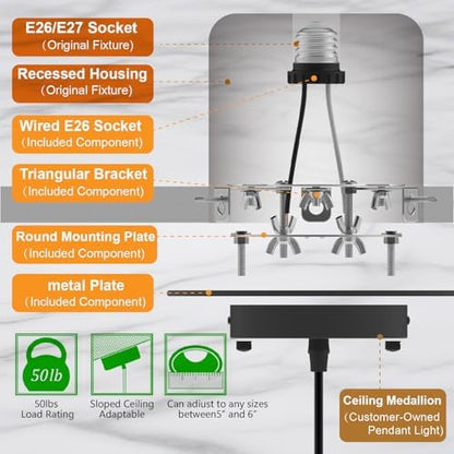 5 and 6 inch Recessed Can Light Conversion Kit, Ceiling Light Fixture Upgrade, Pendant & Hanging, 7¾ Inch Flat Steel Ceiling Medallion, Black Finish 2 Packs