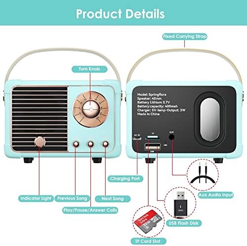 Retro Bluetooth Speaker, Mini Bluetooth Speaker Wireless, Hands-Free Call,400mA Battery, TF Card, Aux Line, for iOS Android Smartphone Home Office, Birthday Gift Ideas Blue
