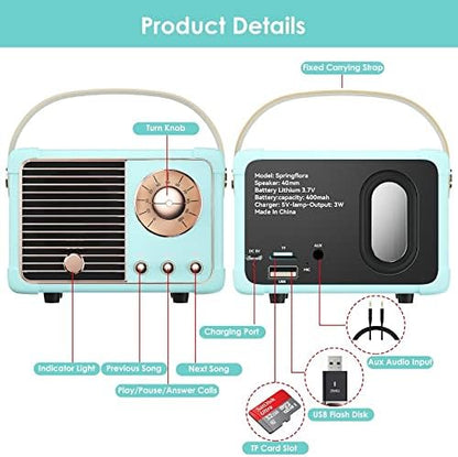 Retro Bluetooth Speaker, Mini Bluetooth Speaker Wireless, Hands-Free Call,400mA Battery, TF Card, Aux Line, for iOS Android Smartphone Home Office, Birthday Gift Ideas Blue