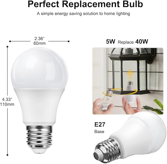 Dusk to Dawn Light Bulb, 5W (Equivalent to 40 Watt Incandescent) A19 LED Light Sensor Bulbs, Smart Auto On/Off, Indoor/Outdoor Lighting Bulb for Stairway Porch Patio, E27 Base, 2-Pack, Not Dimmable