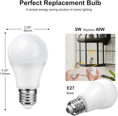 Dusk to Dawn Light Bulb, 5W (Equivalent to 40 Watt Incandescent) A19 LED Light Sensor Bulbs, Smart Auto On/Off, Indoor/Outdoor Lighting Bulb for Stairway Porch Patio, E27 Base, 2-Pack, Not Dimmable