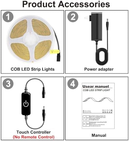 Pandery COB LED Strip Lights 5M,Touch Dimmable led Strips,16.4ft LED Tape Lights with CRI90+,4000K Natural White led Lights,1600LEDs,24V LED Rope Indoor for Bedroom,TV,Kitchen,Closet