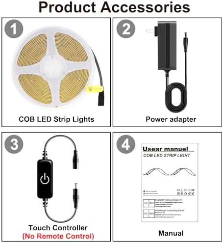 Pandery COB LED Strip,LED Strip Lights 3M/9.84ft,Touch Dimmable LED Strips,CRI90+,2700K Warm White cob led,960LEDs,24V LED Tape Lights,Indoor for Bedroom, Kitchen, TV, Mirror,Cabinet