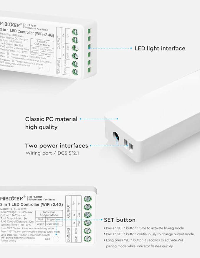 LGIDTECH FUT035W+ Miboxer 2 in 1 LED Strip Controller WiFi+2.4G,Smartphone APP Control Directly,Compatible with Amazon Echo Alexa Google Home Voice Control