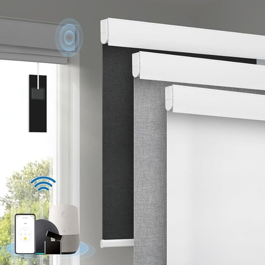 Motorized Blinds with Remote, [Free Solar Panels] Cordless Smart Blinds with Valance Cover, Blackout Electric Blinds with Remote Control, Automatic Roller Shades for Windows White 25" W x 72" H