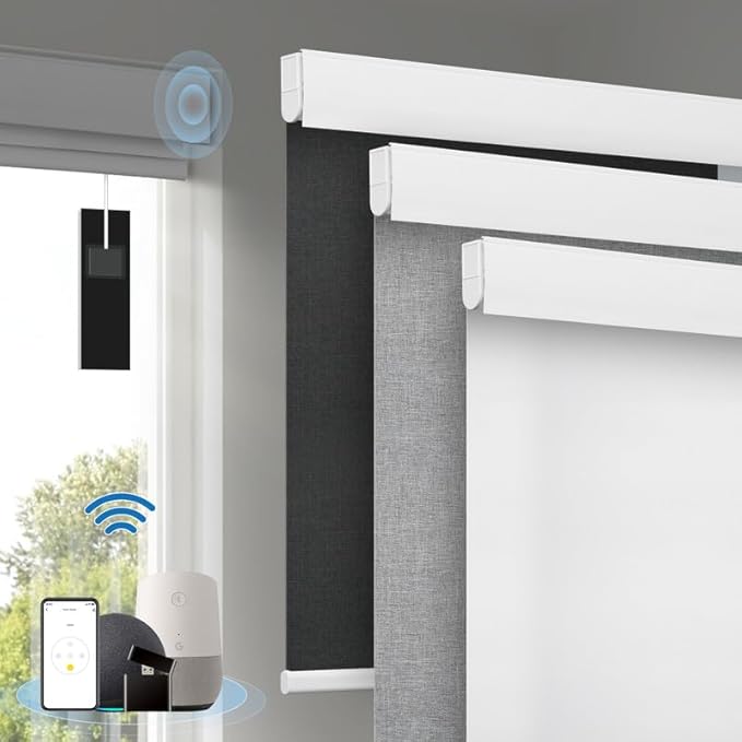 Motorized Blinds with Remote, [Free Solar Panels] Cordless Smart Blinds with Valance Cover, Blackout Electric Automatic Roller Shades for Windows White 46" W x 72" H