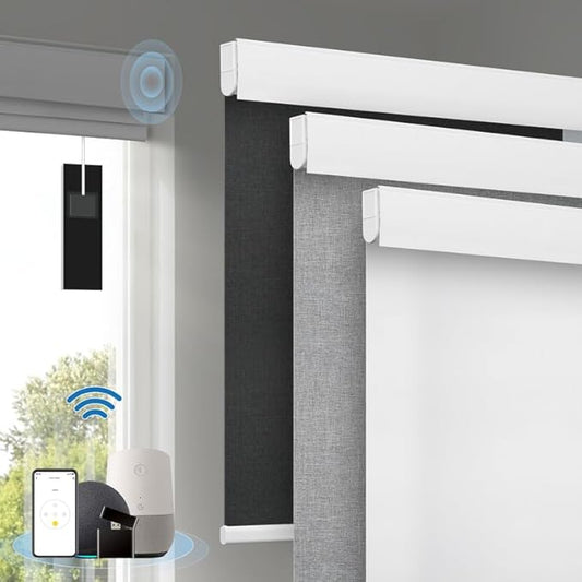 Motorized Blinds with Remote, [Free Solar Panels] Cordless Smart Blinds with Valance Cover, Blackout Electric Automatic Roller Shades for Windows White 46" W x 72" H