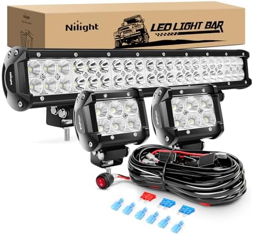 Nilight 20Inch 126W Spot Flood Combo Led Light Bar 2PCS 4Inch 18W Flood LED Pods Fog Lights Off Road with 16AWG Wiring Harness Kit-3 Leads for Van Camper Car Pickup Golf Cart ATV UTV SUV Truck Boat