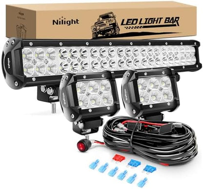 Nilight 20Inch 126W Spot Flood Combo Led Light Bar 2PCS 4Inch 18W Flood LED Pods Fog Lights Off Road with 16AWG Wiring Harness Kit-3 Leads for Van Camper Car Pickup Golf Cart ATV UTV SUV Truck Boat