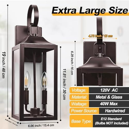 19" Oil Rubbed Bronze Outdoor Wall Lantern 2-Light, Porch & Patio Lights