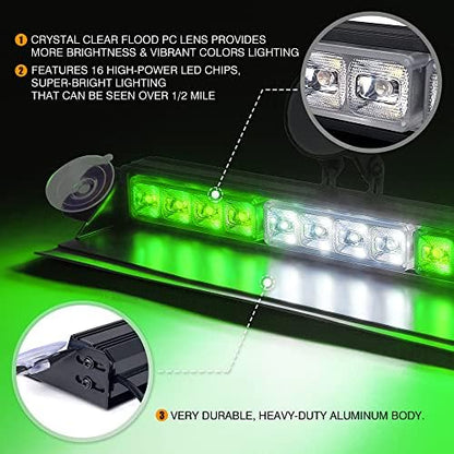 Xprite 16 inch White Green Emergency Strobe Dash Lights, Interior Windshield Flashing Light w/Suction Cups for Construction Towing Snow Plow Pickup Work Trucks Cars (Aluminum Housing)