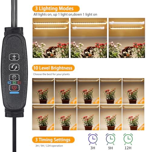 8.6'' Mini Two Strip Growing Lamp for Indoor Plants, 3000K Full Spectrum LED Grow Light Strips with Auto ON/Off 3/9/12H Timer & 10 Dimmable Levels for Green House Succulent (2 Head×2 Pack)