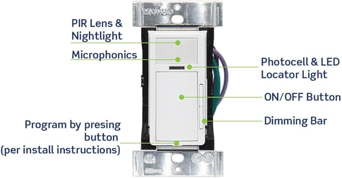 Leviton PIR 0-10V Smart Occupancy Sensor Switch, Neutral Wire Required, 120-277VAC, 50/60Hz; App Configurable with the Smart Sensor App, LED Nightlight, ODD10-IDW, White