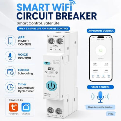 Smart WiFi Switch, AC90‑300V 63A, Leakage Protection Circuit Breaker | Tuya/Smart Life APP Remote Monitor, Voltage Power Energy, Timer Switch, Overload Over‑Current Over/Under‑Voltage Alarm
