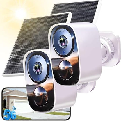 2 Pack 2.4G&5G Solar Security Cameras Wireless Outdoor with Free Cloud | Fast and Accurate Motion Detection, Ultra-long Battery Life, 2-Way Audio, IP65 Waterproof, Spotlight Siren