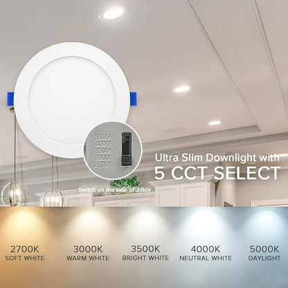 Maxxima 6 in. 5 CCT Ultra-Thin Recessed LED Downlight 1050 Lumens, Color Selectable 2700K-5000K (2700K/3000K/3500K/4000K/5000K), Canless, IC Rated, Slim, Dimmable, Junction Box Included