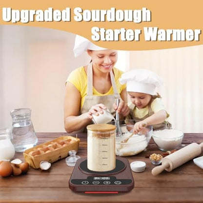 Sourdough Starter Warmer Mat, 12H Timer Warming Heating Pad, Precise 1°F Thermostat Control (70-100°F), Smart Memory Warming On/Off, Fits Jars Up to 40oz, Perfect for Home Baking (Wood)