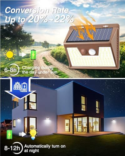 Peasur 2 Pack Solar Lights for Outside, Motion Sensor Outdoor Lights, 140LED Solar Security Lights 3 Working Modes, Solar Lights Outdoor Waterproof for Outside Garden Yard Fence (Brown Frame)