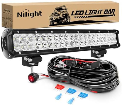 Nilight - ZH006 LED Light Bar 20 Inch 126W Spot Flood Combo Led Off Road Lights with 16AWG Wiring Harness Kit-One Lead, 2 Years Warranty