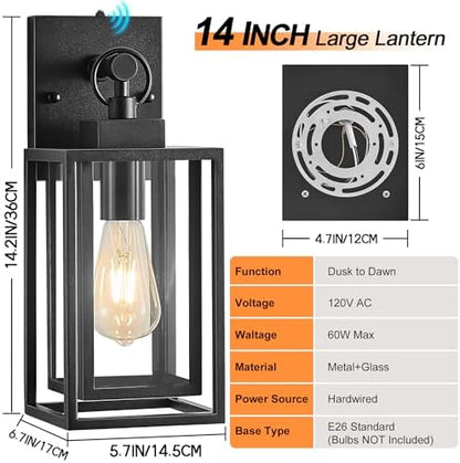 14 IN Dusk To Dawn Outdoor Light Fixture,Double Cage Satin Black Outdoor Wall Lanterns For House,Front Porch,Patio,Yard With Clear Tempered Glass,Waterproof Exterior Wall Light,E26 Base,1 Pack