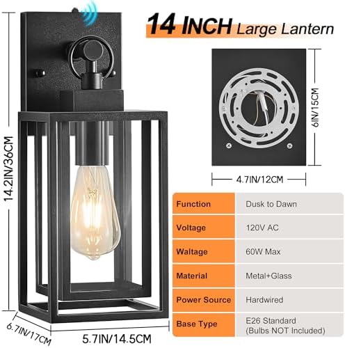 14 in Dusk to Dawn Outdoor Wall Sconces Lanterns,Double Cage Square Outdoor Wall Light,Waterproof Black Exterior Light Fixtures,Front Porch Light Fixtures for Garage,Patio,E26 Base,2 Packs