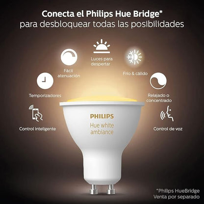 Philips Hue White Ambiance 2-Pack LED Smart GU10 Bulb, Bluetooth & Zigbee Compatible (Hue Hub Optional), Voice Activated with Alexa (Renewed)