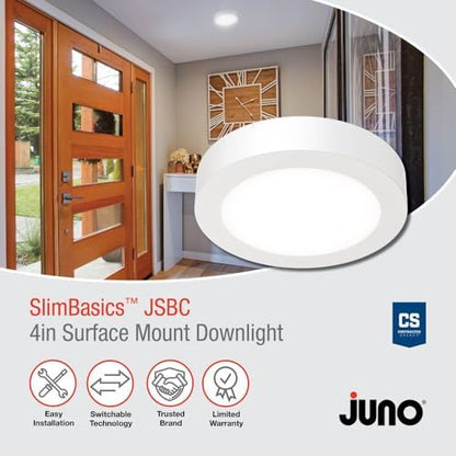 Juno Slim Basics 4 Inch LED Ceiling Light, Low Profile Surface Mount Downlight for Shower or Closet Lighting, 3000K/4000K/5000K Selectable White Light, Edged Trim, Wet Rated, Matte White, 6 Pack