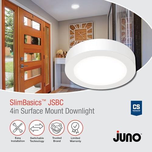 Juno Slim Basics 4 Inch LED Ceiling Light, Low Profile Surface Mount Downlight for Shower or Closet Lighting, 3000K/4000K/5000K Selectable White Light, Edged Trim, Wet Rated, Matte White, 6 Pack