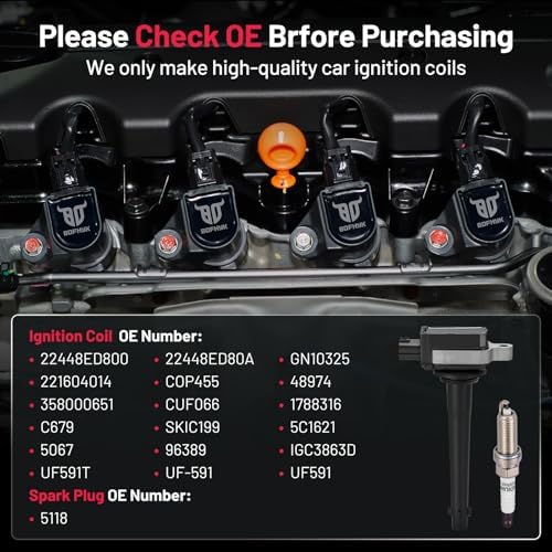 BDFHYK 4 Ignition Coil Pack UF591 and 4 Iridium Spark Plug 5118 Compatible with Nissan 2007-2009 Sentra 2.0L l4 Coil for 5C1075 C651 CUF246 C246
