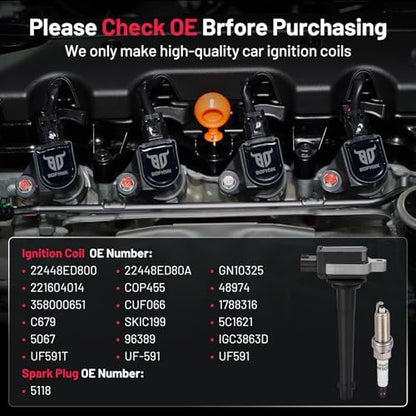 BDFHYK 4 Ignition Coil Pack UF591 and 4 Iridium Spark Plug 5118 Compatible with Nissan 2007-2009 Sentra 2.0L l4 Coil for 5C1075 C651 CUF246 C246