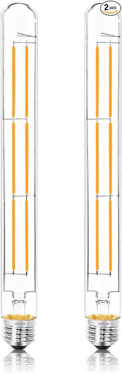 11.8IN 1000LM 2700K Soft White Light Bulbs E26 Base, T10 T9 Edison Bulbs Dimmable 8W, AC 120V 100 Watt Equal Filament Bulb, Vintage Clear Glass Long Tubular LED Bulb, UL Certified - 2Pack
