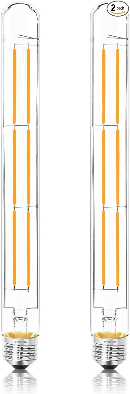 11.8IN 1000LM 2700K Soft White Light Bulbs E26 Base, T10 T9 Edison Bulbs Dimmable 8W, AC 120V 100 Watt Equal Filament Bulb, Vintage Clear Glass Long Tubular LED Bulb, UL Certified - 2Pack