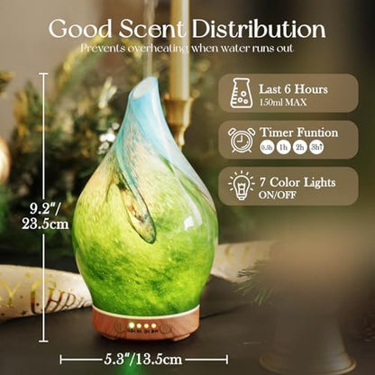 Porseme Essential Oil Diffuser 150ml Handmade Glass Diffuser 6H Runtime