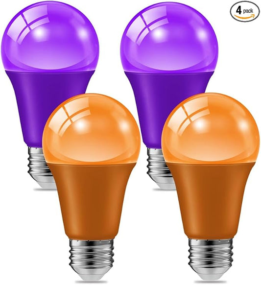 haraqi 4 Pack 9W (60W Equivalent) 120V E26 Base A19 LED Colored Light Bulb, Purple and Orange LED Lights for Party Christmas Decor and Halloween Lighting