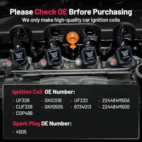 BDFHYK 4 Ignition Coil Pack UF326 and 4 Iridium Spark Plug 4505 Compatible with Nissan Sentra 2000-2002 1.8L L4 Coil for 224484M500 224484M50A UF326 SKIC018 UF232 COP486 CUF326 6734013 GN10505