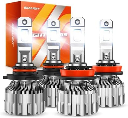 SEALIGHT 9005 H11 Bulbs Combo, 9005/HB3 H11/H9/H8 LED Bulbs 800% 140000LM Super Bright 6500K Cool White Fog Lights Bulbs and Off-Road Lights, 3 Mins Plug-N-Play, Pack of 4