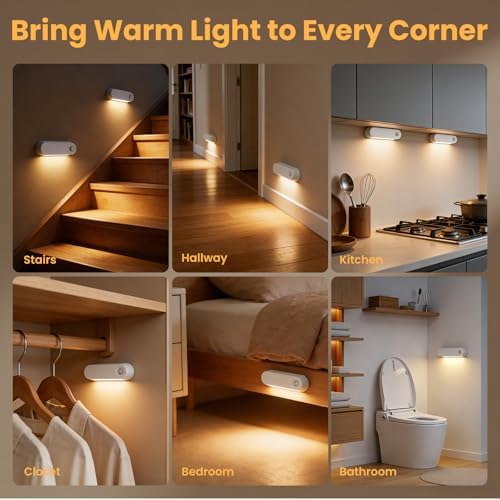 Motion Sensor Night Light, 1800mAh Rechargeable Battery Operated Step Lights, 3000K Warm White Wireless Under Cabinet Lighting for Stairs, Hallway, Closet, Bedroom, Kitchen, Cruise(2 Pack)