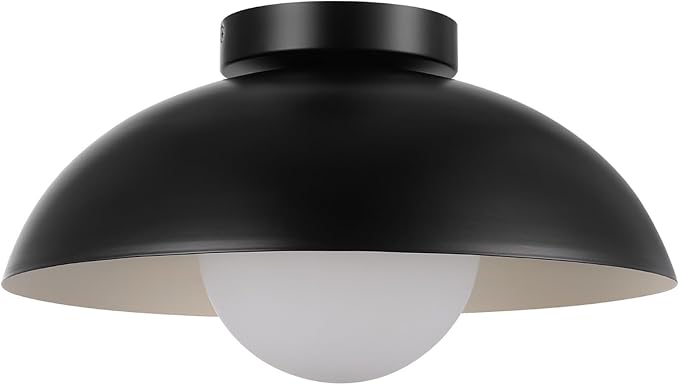 1-Light Matte Black Flush Mount Ceiling Light with White Opal Glass Shade | White Opal Glass Globe Shade, Wall or Ceiling Mount, Hallway or Entryway, Model 66000076