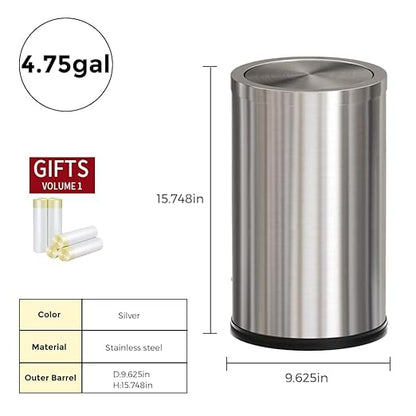 4.8GALStainless Steel Bathroom Trash Can with Lid, Silver Trash Can with Flipping Lid, Garbage cans for Kitchen，Living Room,Dental Office，Hotel,Guest Room(4.7gal-Silver)