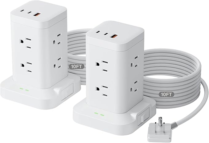 2Pack Power Strip Tower with Surge Protector 1800J, Fast Charging Tower PD20W USB-C Ports with 8 AC Outlets, 10ft Extension Cord for Home Office Dorm Room, White