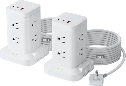 2Pack Power Strip Tower with Surge Protector 1800J, Fast Charging Tower PD20W USB-C Ports with 8 AC Outlets, 10ft Extension Cord for Home Office Dorm Room, White