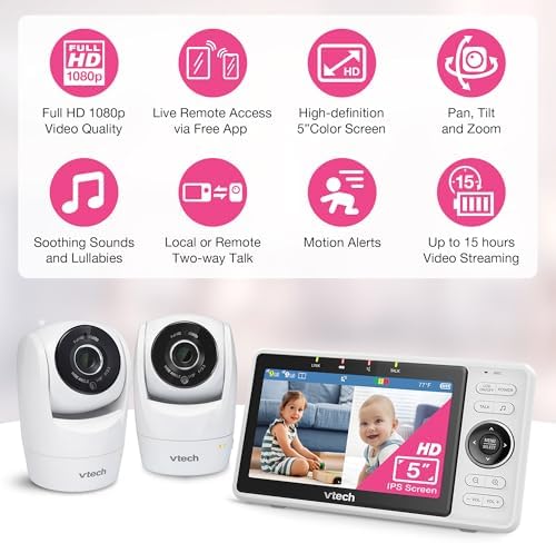 VTech Smart WiFi Baby Monitor, 2 Cameras – See Both Rooms at Home or from Anywhere, Free App, 1080p Split Screen, 5" HD Screen, Pan-Tilt-Zoom, Night Vision | VM901-2
